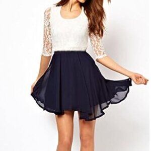 Women's White Navy Lace Chiffon Mini Dress Prom Fit and Flare Dresses
